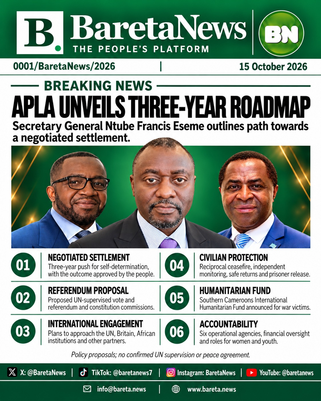 APLA unveils three-year roadmap — BaretaNews poster outlining the policy proposals presented by Secretary General Ntube Francis Eseme, including a negotiated settlement, civilian protection and accountability. Policy proposals; no confirmed UN supervision or peace agreement.
